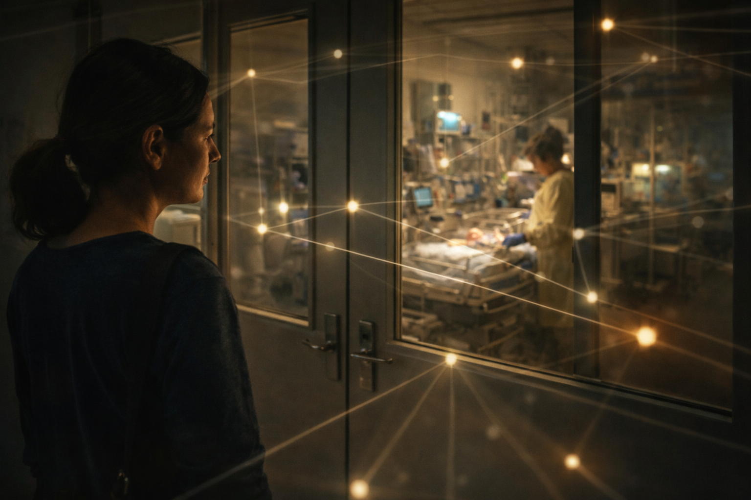 The Intention image showing Lena watching a hospital ward through glass as a network of institutional light crosses the room.